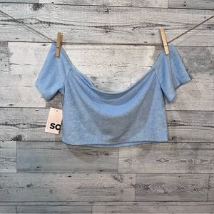 SO Light Blue Terry Cloth Off the Shoulder Crop Top Size L